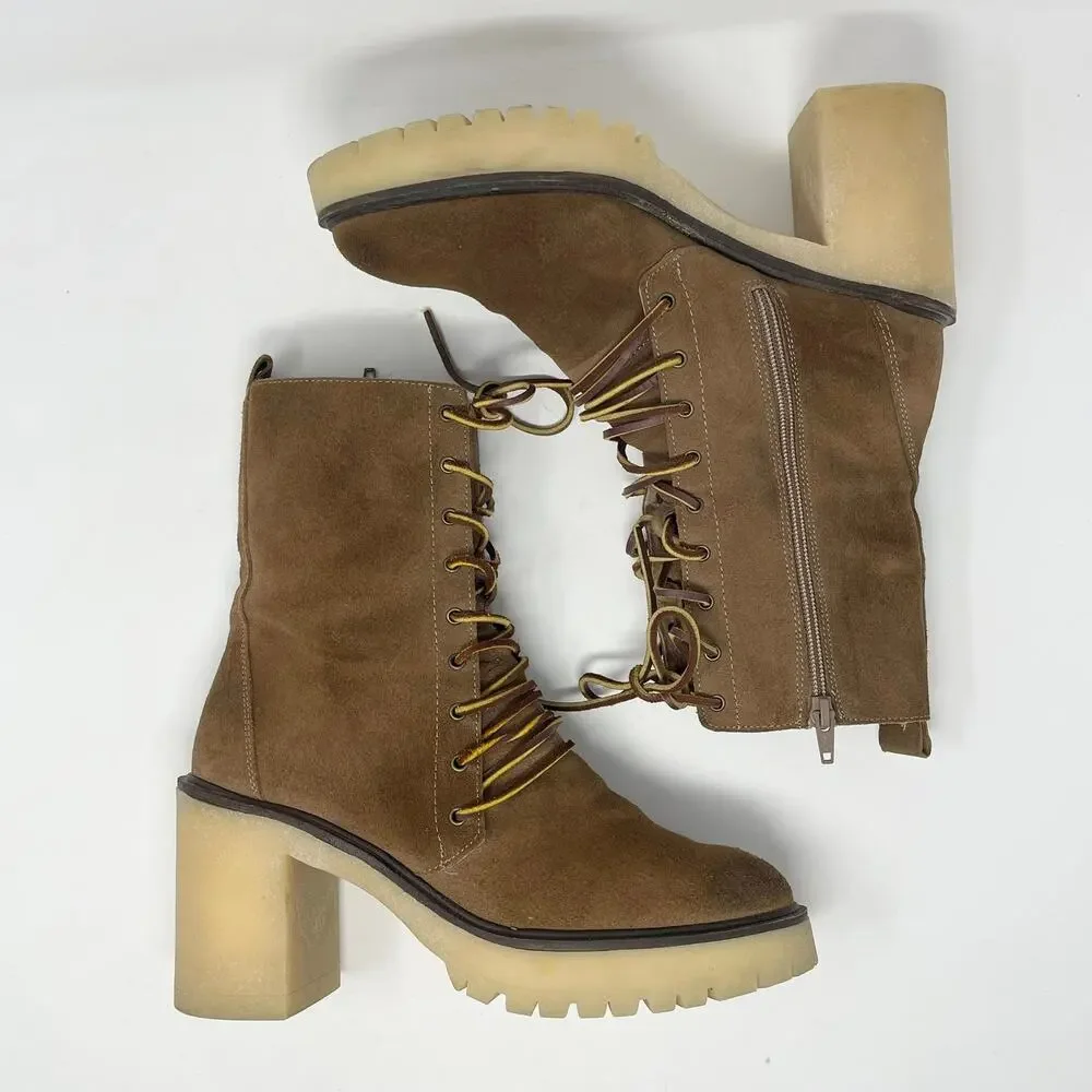 Free People Dylan‎ Lace Up Boot Womens 40/9-9.5 Brown Suede Chunky Mid Calf